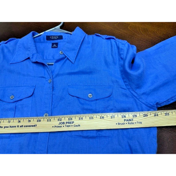 Chaps Classic 100% Linen BLUE Button Down Shirt Women LARGE Roll Tab 3/4 Sleeve - Picture 4 of 7